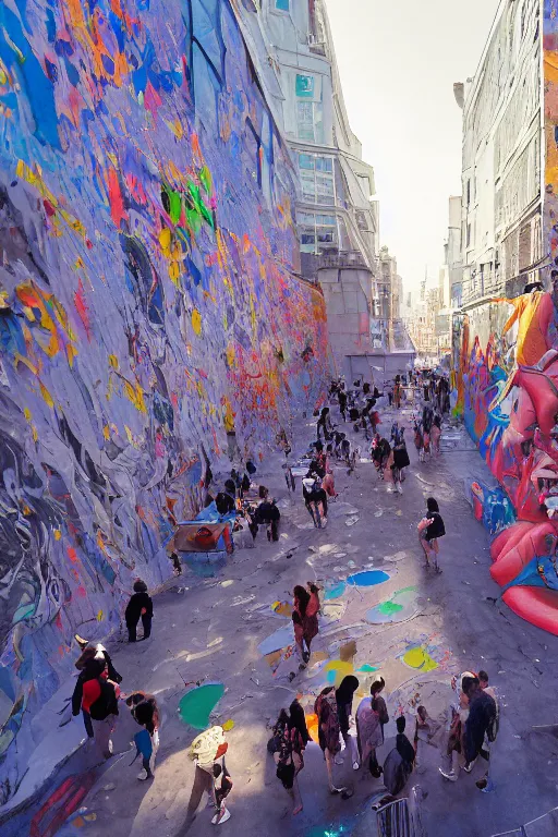 Image similar to people in a busy city people looking at a white building covered with a 3d graffiti mural with paint dripping down to the floor, hiroshi yoshida, painterly, yoshitaka Amano, artgerm, moebius, loish, painterly, and james jean, illustration, sunset lighting