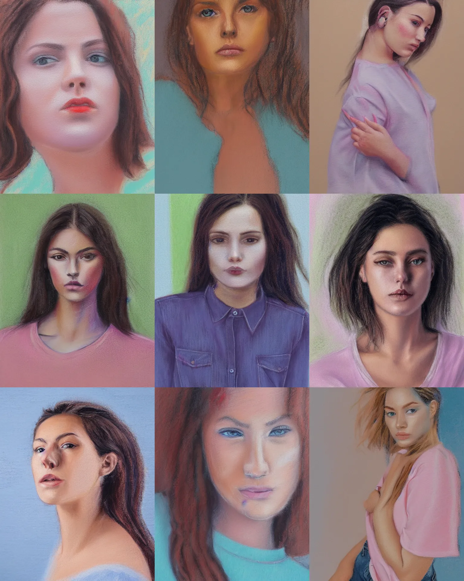 Prompt: frontal portrait of young woman, shirt and jeans, pastel painting, body close up