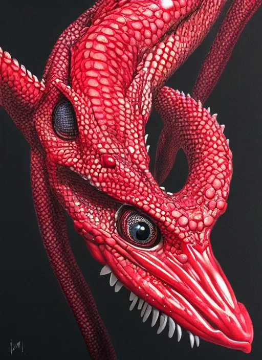 Image similar to red gragon in black sticky mucus, photorealistic art