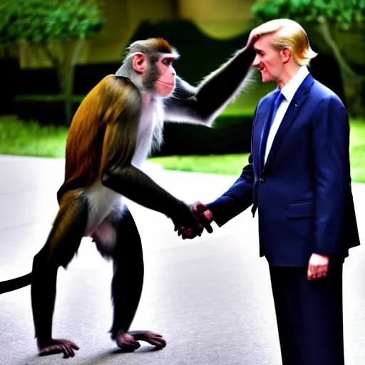 Prompt: a monkey in a jacket shakes hands with the president, a political channel, news.