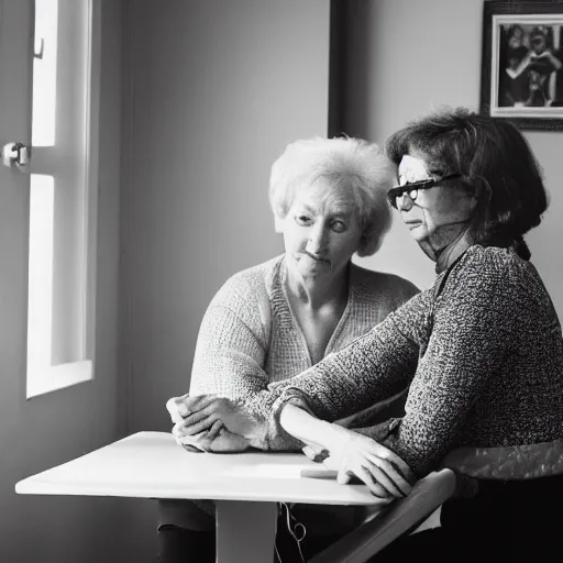 Image similar to a woman showing her mother how ai works, professional photo, 3 5 mm