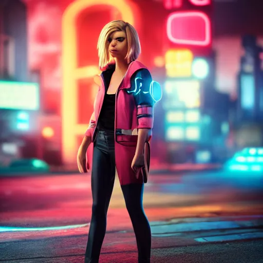 Image similar to Annie Leonhart in a neon city, octane render 8k, atmospheric render