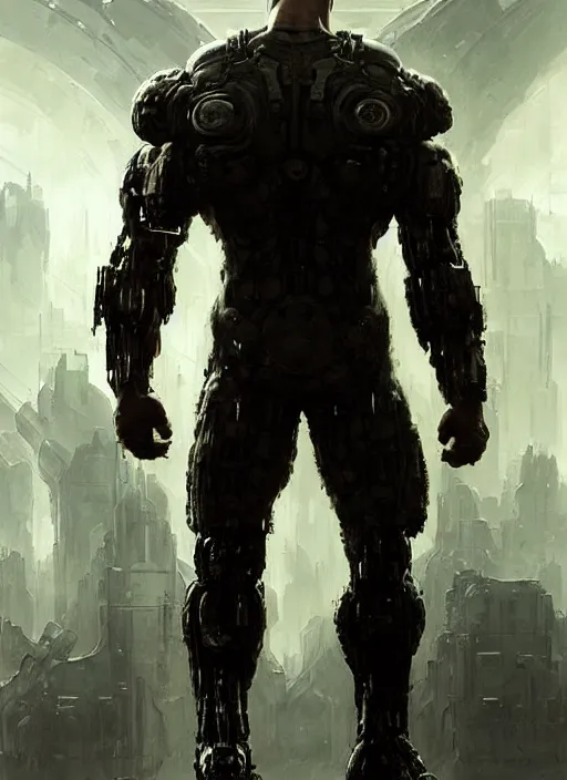 Image similar to vin diesel as victor stone, full body concept, cyborg, borg, strogg, face of a man, terminator, flesh, quake strogg, doom demon, wolfenstein, monstrous, powerful, symmetry, symmetrical, concept art by ruan jia and greg rutkowski