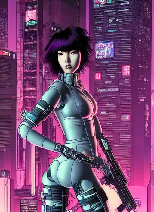 Prompt: motoko kusanagi in grungy cyberpunk megacity, intricate and finely detailed, cyberpunk vaporwave, portrait by j scott campbell, phil jimenez, ilya kuvshinov