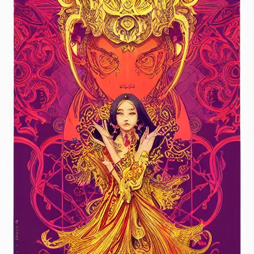 Image similar to jisoo + blackpink + elements + red + gold + neon + baroque + rococo + white + orange + ink + tarot card, ornate + by marc simonetti, paul pope, peter mohrbacher, detailed, intricate ink illustration + damask + award winning + 8 k