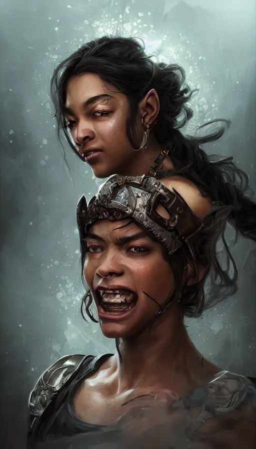 Prompt: underground stree thug, grills, vitiligo, energetic, laughing, fit, warhammer, lord of the rings, sweaty, intricate, highly detailed, digital painting, artstation, concept art, smooth, sharp focus, illustration, unreal engine 5, 8 k, art by artgerm and greg rutkowski and alphonse mucha