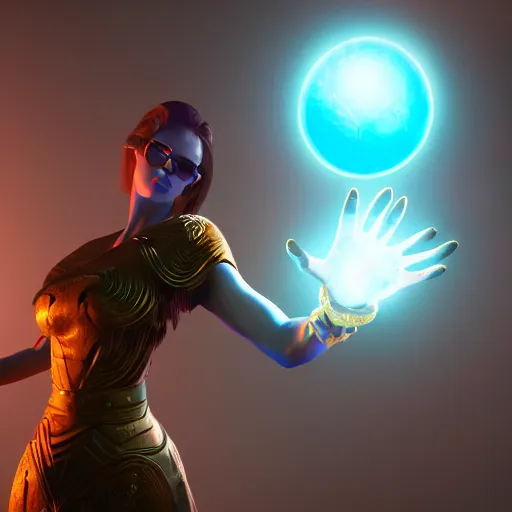 Image similar to a powerful goddess woman floating with a glowing orb of blue power in her hand, trending on artstation, colourful, powerful, dark, mysterious, maximalist, full body shot, japanese, unreal engine 5