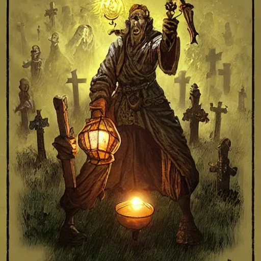 Image similar to cleric holding a lantern in a cemetery surrounded by zombies, ravenloft style, intricate, fantasy, rpg, d&d, drawn by Clyde Caldwell