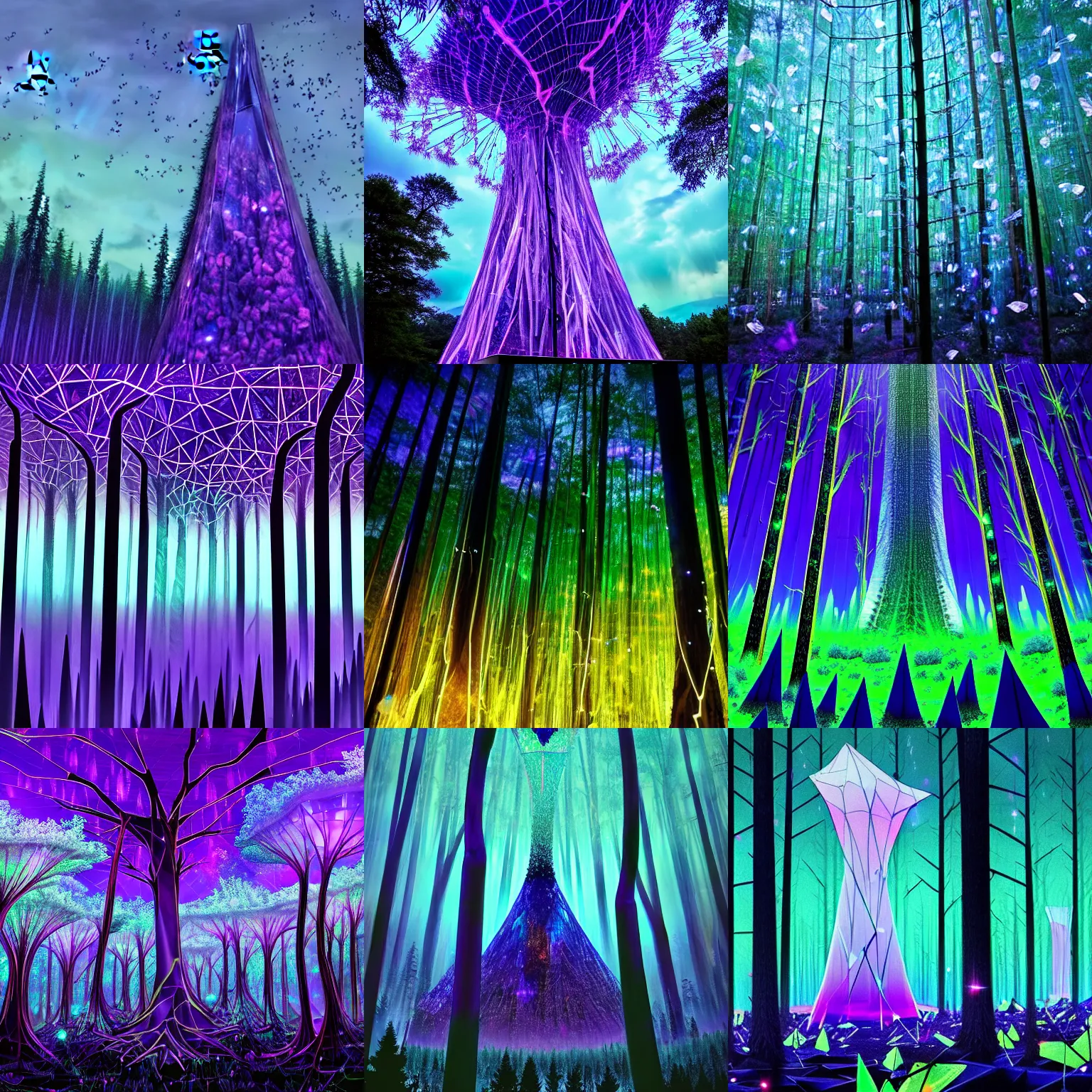 Prompt: a forest made of opalescent trees swarming with neon fireflies, a giant crystal tower covered in translucent black and purple obsidian shards pierces the sky, near the peak strange animals float with inflated air Sacks surveying the forest for prey