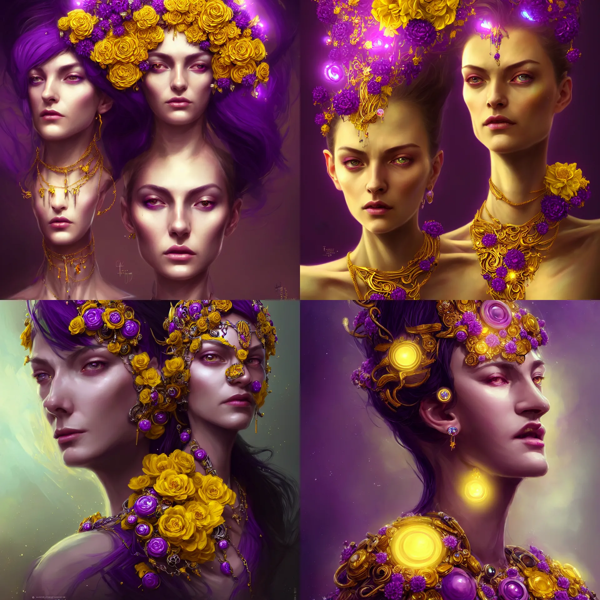 Prompt: realistic character concept, the empress with lots of jewelry and yellow and purple flowers in the face, elegant pose, scifi, illustration, slender symmetrical face and body, artstation, cinematic lighting, hyperdetailed, 8 k, high resolution, charlie bowater, frans smit, insanely detailed and intricate, elegant, dark fractal background, vfx, art deco, postprocessing