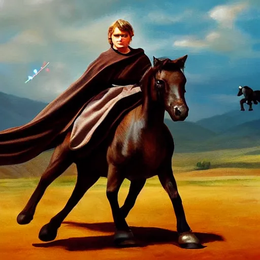 Image similar to anakin skywalker riding a pony, cinematic painting