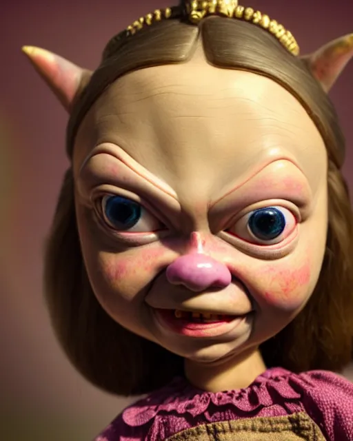 Image similar to highly detailed closeup, face profile portrait of a tin toy greta thunberg as a medieval goblin eating cakes in a castle, hyper realistic, artstation, illustration, nicoletta ceccoli, mark ryden, lostfish, dan decarlo, bob clampett, max fleischer, digital paint, matte paint, vivid colors, detailed and intricate environment
