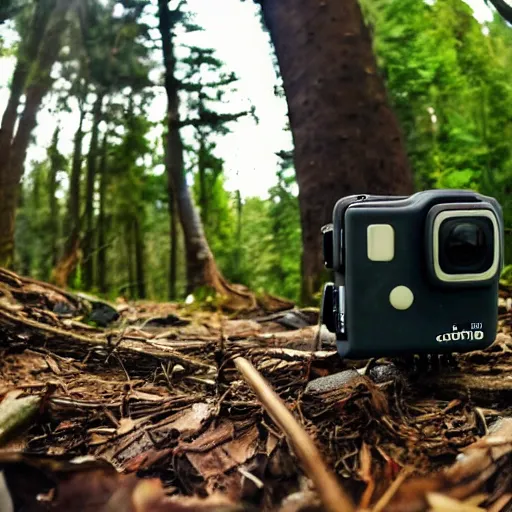 Prompt: a photo of a person looking down at a go pro they discovered in the forest