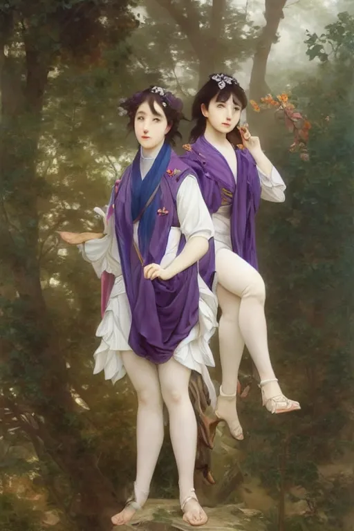 Prompt: Full View of Eunha from Viviz and gFriend wearing a purple military uniform and puffy silk shorts, white leggings, and a billowy scarf. masterpiece 4k digital illustration by Ruan Jia and Mandy Jurgens and Artgerm and william-adolphe bouguereau, award winning, Artstation, art nouveau aesthetic, Alphonse Mucha background, intricate details, realistic, panoramic view, Hyperdetailed, 8k resolution, intricate art nouveau