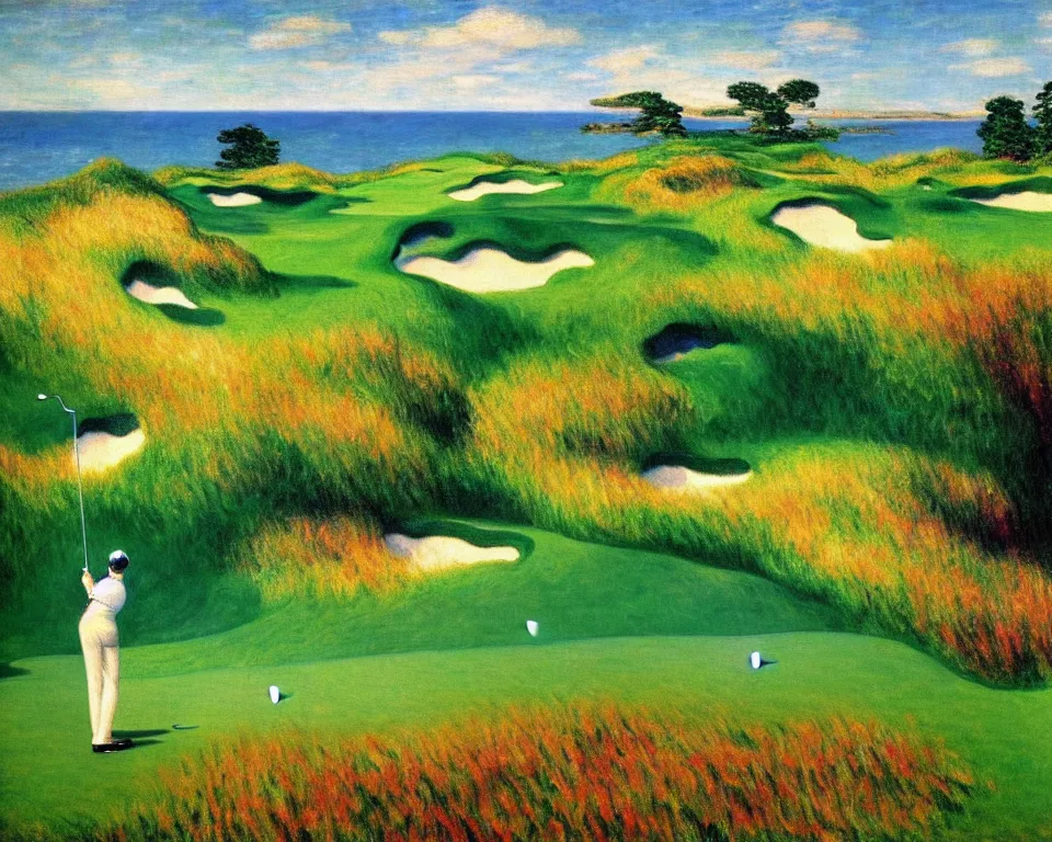 Prompt: achingly beautiful painting of pacific dunes golf by rene magritte, monet, and turner.