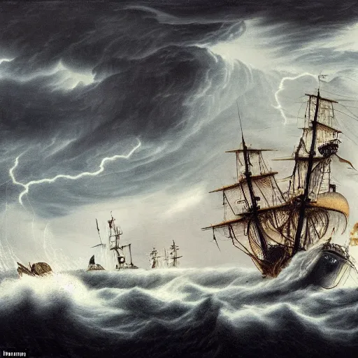 Image similar to a highly detailed scene of a ship being attacked by giant squid tentacles, dark, voluminous clouds, thunder, stormy seas, pirate ship, dark, high contrast