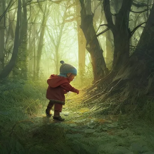 Image similar to a little boy talking to a fox in the woods. highly detailed, digital painting, artstation, concept art, smooth, sharp focus, illustration, cinematic lighting, art by artgerm and greg rutkowski and alphonse mucha