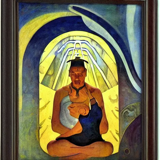 Image similar to the shaman of the subway, an art deco painting by annie swynnerton and leo and diane dillon and diego rivera and nicholas roerich, dramatic lighting, god rays, smooth, sharp focus, highly detailed