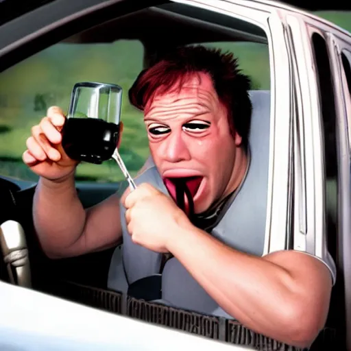 Image similar to Grimace drinking and driving