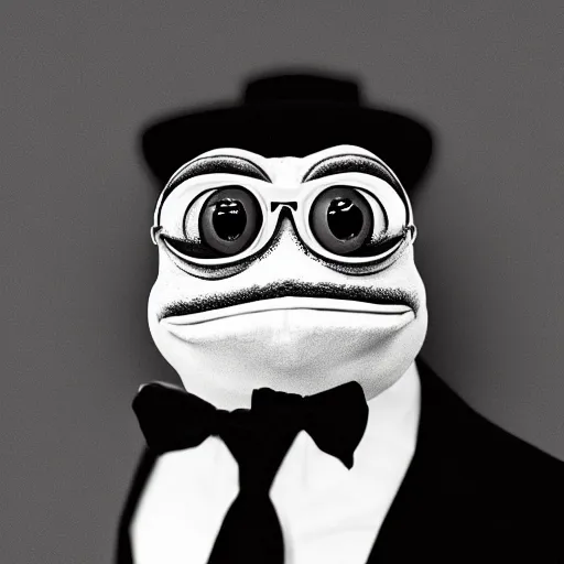 Image similar to portrait of Pepe the Frog as James Bond, photography by Cecil Beaton, Hollywood style lighting, black and white, photorealistic