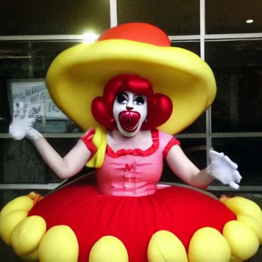 Image similar to princess peach cosplaying as a hamburger, a clown cries in the background, cuil = 5