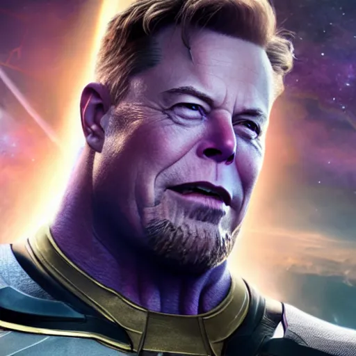 Prompt: A still of Elon Musk as Thanos on Avengers Endgame, award winning photo, unreal engine, highly detailed features