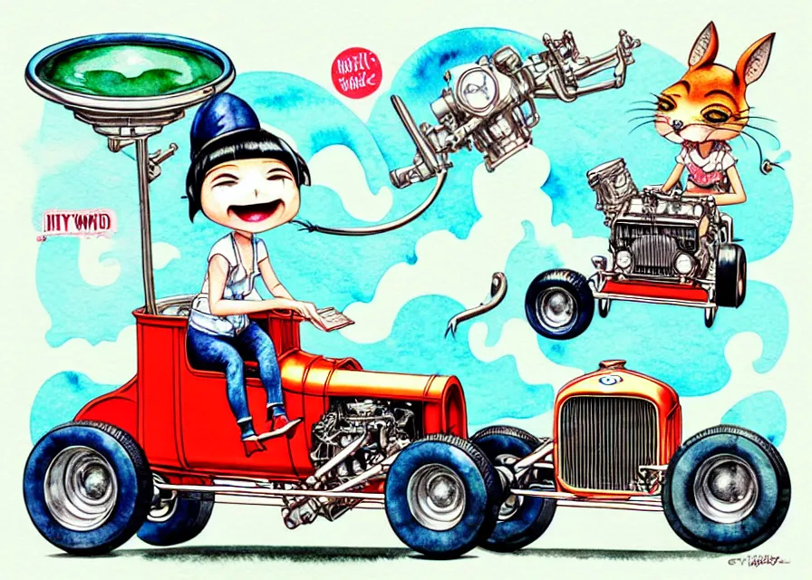 Image similar to cute and funny, margay riding in a tiny 1 9 2 3 ford t - bucket with oversized engine, ratfink style by ed roth, centered award winning watercolor pen illustration, isometric illustration by chihiro iwasaki, edited by range murata, tiny details by artgerm and watercolor girl, symmetrically isometrically centered