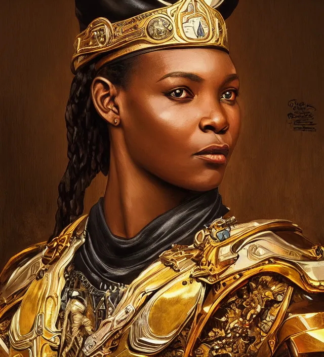 Prompt: portrait of an south african woman wearing a traditional nineteenth century south african empire military uniform, metal shoulder pauldrons, intricate, highly detailed, digital painting, artstation, concept art, sharp focus, cinematic lighting, illustration, art by artgerm and greg rutkowski, alphonse mucha, cgsociety