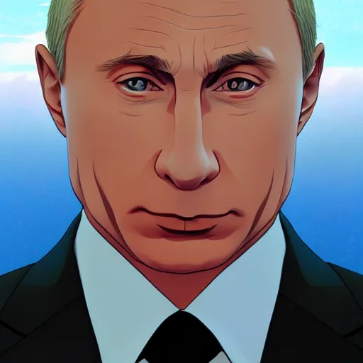 Image similar to high quality portrait of vladimir putin. art by makoto shinkai, crunchyroll, pixiv, danbooru, hd, headshot, cinematic still, detailed anime face, bokeh, digital art, cel shading, vivid colors, ambient lighting