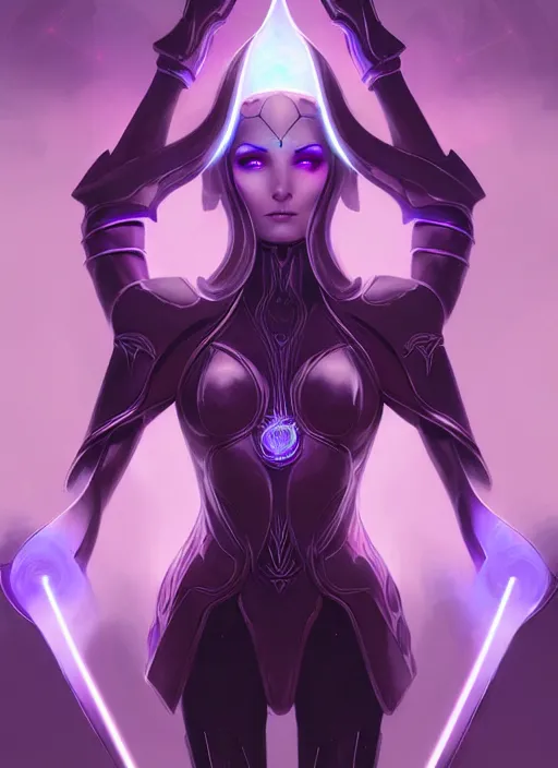 Image similar to portrait of an elf, eldar, aeldari, lady voidstar in full futuristic close fitting armor, glowing diagram of a pentagram and a star, intricate, elegant, purple, glowing lights, highly detailed, digital painting, artstation, concept art, smooth, sharp focus, illustration, art by wlop, mars ravelo and greg rutkowski