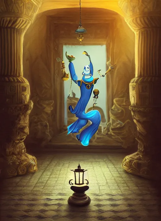 Image similar to genie coming out of his lamp in the middle of a palace . by AquaSixio, hyperrealistic illustration, digital art, 4k, very detailed faces