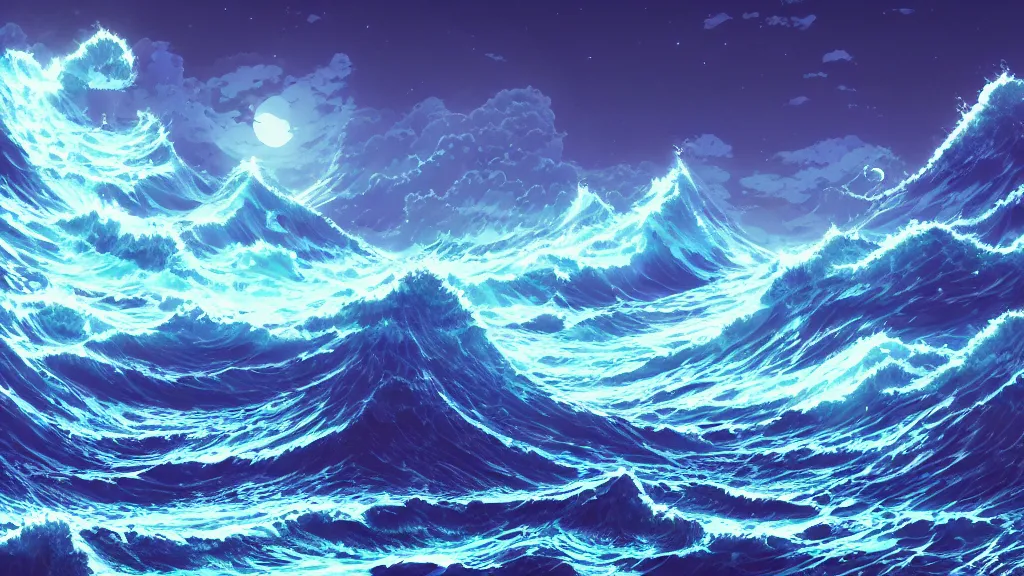 Image similar to highly detailed illustration of high exposure ocean waves at night by makoto shinkai, by oliver vernon, by joseph moncada, by damon soule, by manabu ikeda, by kyle hotz, by dan mumford, by otomo, 4 k resolution