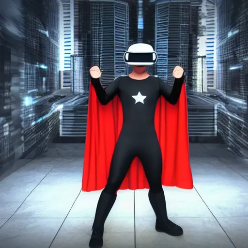 Image similar to funny Super hero wearing a virtual reality headset in big city, render, ray tracing