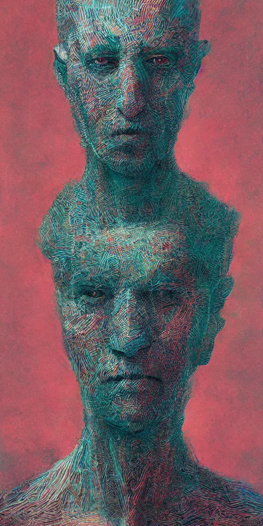 Image similar to portrait of a one man in the style of android jones and zdzislaw beksinski