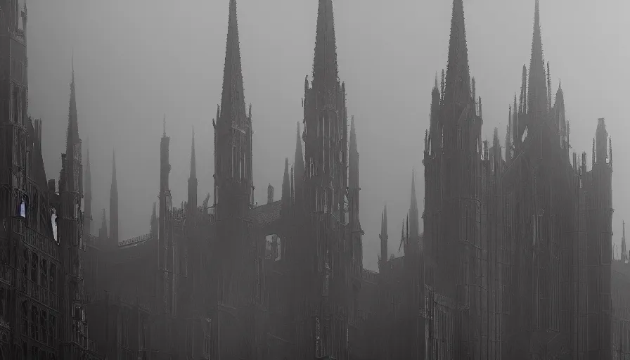 Image similar to strees view of neo - gothic brussels, fog, hyperdetailed, artstation, cgsociety, 8 k