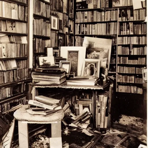 Image similar to old photographs of chaotic interiors full of paintings and books