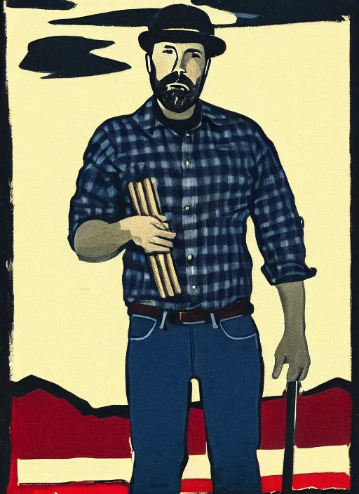 Prompt: full - body portrait of ben affleck wearing checkered shirt and white cap, holding a wrench, by billy childish, thick visible brush strokes, shadowy landscape painting in the background by beal gifford, vintage postcard illustration, minimalist cover art by mitchell hooks