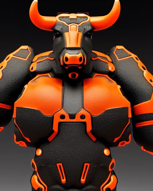 Prompt: a full body shot of an imposing cyborg bull modeled after a bull looking into the camera, contrast lighting, black skin!!!, intricate pattern, hard rubber chest, highly detailed, android, cyborg, full body shot, intricate, 3 d, symmetrical, octane render, fantasy, highly detailed, digital art, artstation, strong bokeh, black face, orange