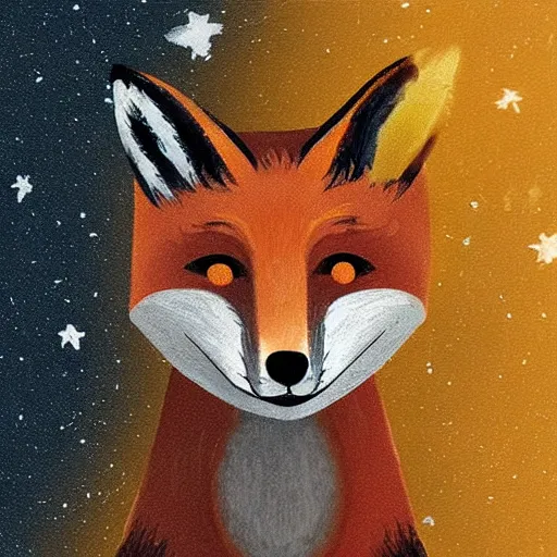 Image similar to “a fox sitting in the woods, looking up at the night sky. The moon shines brightly. digital art, painting”