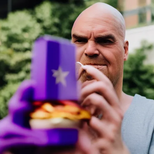 Image similar to Thanos eating a Big Mac, Bokeh