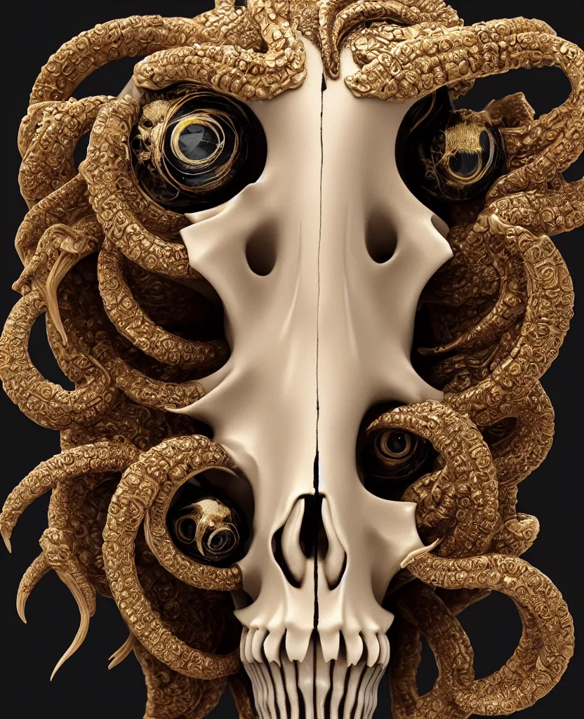 Image similar to goddess princess face close-up portrait ram skull. sculpture made of black clay and gold. jellyfish phoenix head, nautilus, orchid, skull, betta fish, bioluminiscent creatures, intricate artwork by Tooth Wu and wlop and beeple. octane render, trending on artstation, greg rutkowski very coherent symmetrical artwork. cinematic, hyper realism, high detail, octane render, 8k