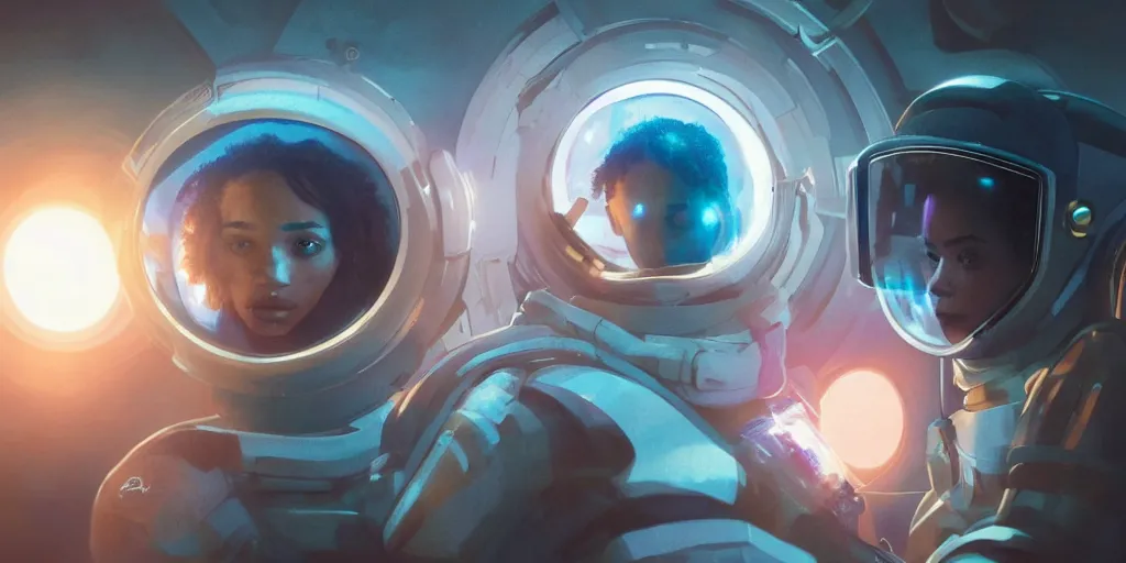 Prompt: Zoe Kravitz with short hair as a techpunk astronaut, helmet with led lights, underwater in the ocean at night, clear water, volumetric lighting, glowing lights, 4k, octane, digital painting, artstation, concept art, cinematic film, sharp focus, illustration, art by artgerm and greg rutkowski and alphonse mucha , wide angle view,