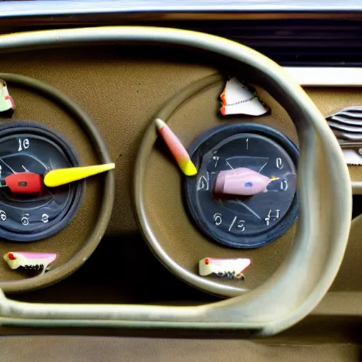 Prompt: 1970s car dashboard with small plastic dinos.