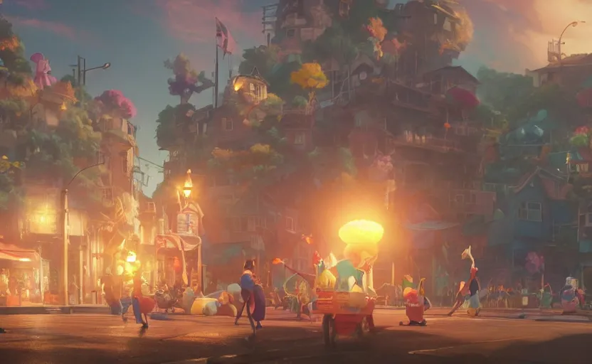 Prompt: a film still floats carnival, medium shot, waist up, studio Ghibli, Pixar and Disney animation, sharp, Rendered in Unreal Engine 5, anime key art by Greg Rutkowski, Bloom, dramatic lighting