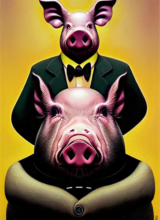 Image similar to hyper detailed 3d render like an Oil painting - Portrait of a Pig in a tuxedo by Jacek Yerka, Mariusz Lewandowski, Houdini algorithmic generative render, Abstract brush strokes, Masterpiece, Edward Hopper and James Gilleard, Zdzislaw Beksinski, Mark Ryden, Wolfgang Lettl, hints of Yayoi Kasuma, octane render, 8k