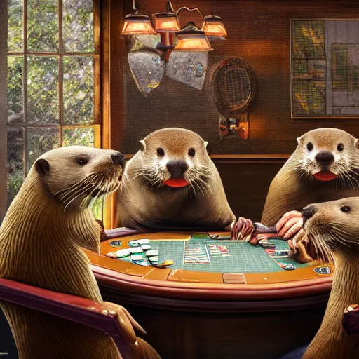 Image similar to otters playing poker, hyper detailed, dramatic lighting, cgsociety, realistic, hyper detailed, insane details, intricate, dramatic lighting, hypermaximalist, golden ratio, rule of thirds, octane render, weta digital, micro details, ultra wide angle, artstation trending, 8 k,