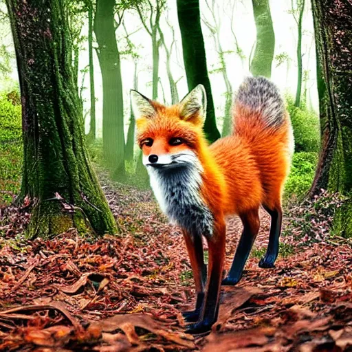 Image similar to an enchanting forest, foxes stand on their hind legs, look at the sky and wave goodbye with their forelegs. there is a purple unidentified flying object in the sky. fantasy. realistic photo. very clear shots.