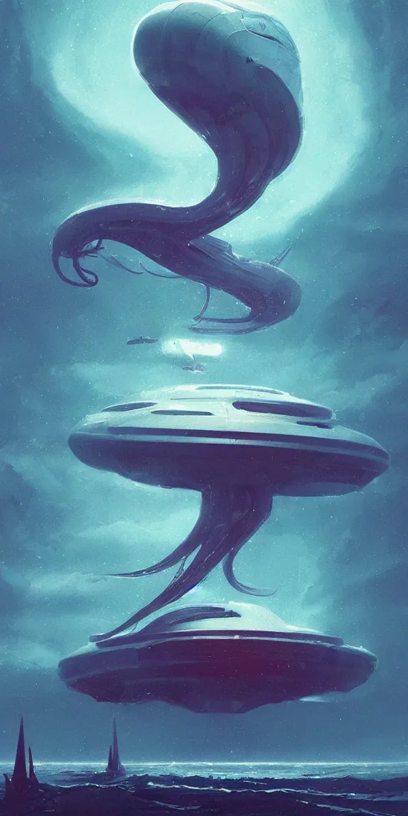 Prompt: squid shaped spaceship with long tendrils crashing into the sea, sci - fi concept art, by john harris, by simon stalenhag, stunning, award winning