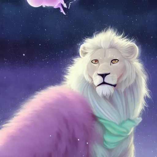 Prompt: aesthetic portrait commission of a albino male furry anthro lion under a heavenly lavender bubble filled place while wearing a cute mint colored cozy soft pastel winter outfit, winter atmosphere. character design by charlie bowater, ross tran, artgerm, and makoto shinkai, detailed, inked, western comic book art, 2 0 2 1 award winning painting