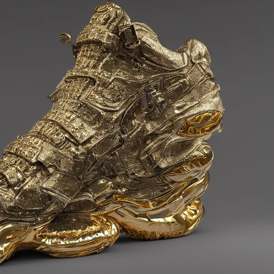 Image similar to futuristic balenciaga sneakers, nft art, highly detailed, hyper realistic, a ton of bussdown iced gold bling in wallace & gromit strata - cut claymation, ultra realistic, concept art, intricate details, serious, highly detailed, photorealistic, octane render, 8 k, unreal engine